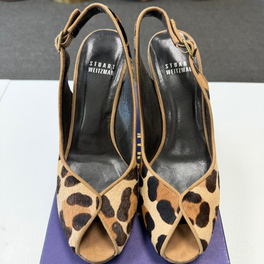 Vintage Stuart Weitzman Leopard Print Calf Hair Peep-Toe Slingback Pumps Size 6